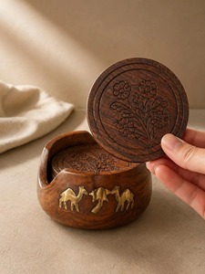 Acacia Wooden Classic Eco-Friendly Round Coaster for Coffee Tea Cup Tableware and <b>Desktop</b> Use - Product Image 4