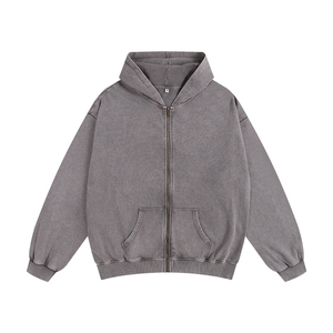 เสื้อฮู้ดซิปผู้ชายทรงโอเวอร์ไซส์ สีเทาล้วน ผ้าฝ้ายเฟรนช์เทอร์รี่ สวมใส่สบายๆ ในฤดูใบไม้ร่วง ทรงปกติ แขนยาว มีกระเป๋า - Product Image 1