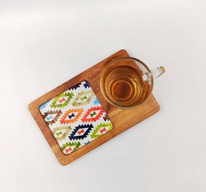 Trending Style Natural Wooden Tea Coaster Tray With Enamel Printed Design Breakfast Dinnerware Coaster Mats & Pads <b>Placemat</b> - Product Image 4