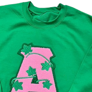 Green Crew Neck Sweatshirt with <b>Pink</b> Letter A and Green Leaf Embroidery <b>Long</b> <b>Sleeve</b> Pullover Casual Women's Fashion <b>Top</b> Soft - Product Image 2