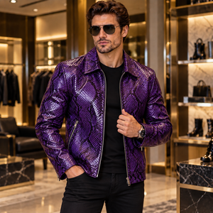 Men’s <b>Purple</b> Snake Embossed Leather Jacket Luxury Genuine Leather Biker Coat Zip Up Motorcycle Jacket - Product Image 1