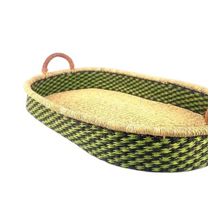 Commercial green and <b>black</b> <b>woven</b> pattern seagrass changing <b>basket</b> paired with rattan changing kid tray and brown handles supply - Product Image 2