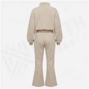 Women <b>2</b>-Piece Tracksuit Set Half-<b>Zip</b> Hooded <b>Sweatshirt</b> & Flared Pants Solid Color Cotton Casual Loose Fit Autumn Wear - Product Image 6