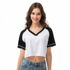 Maillot court de baseball noir à rayures pour femme, col en V, manches courtes, style sport - Product Image 5