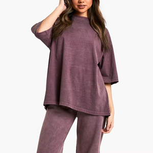 T-shirt ample à col rond pour femme, manches trois quarts, violet, coupe ample, tissu jersey 100% coton, logo imprimé, toutes saisons - Product Image 2