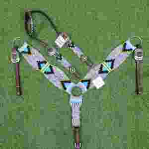 Ensemble de têtière en mohair gris, vert, violet et bleu ciel avec cuir argentin, tour de tête de 32 pouces - Product Image 2