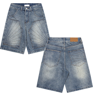 Shorts en jean premium pour homme, bleu indigo délavé, avec broderie géométrique et motifs rayonnants, coupe oversize, style streetwear - Product Image 2