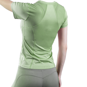 T-shirt ajusté à manches courtes pour femme, dos en mesh, anti-transpiration, vert uni, col rond, haut de sport toutes saisons - Product Image 1