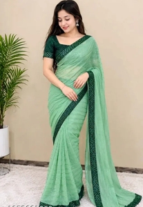 Sari en Georgette Vert Brodé pour Femme K V International, avec Blouse Non Cousue, Séchage Rapide, Style Traditionnel, en Nylon, pour Mariage - Product Image 5