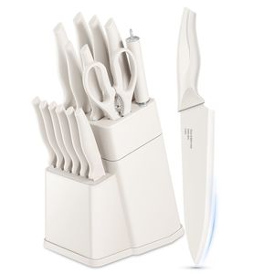 Ensemble de couteaux de cuisine en acier inoxydable à haute teneur en carbone de 15 pièces avec bloc auto-affûtant, luxe blanc - Product Image 1