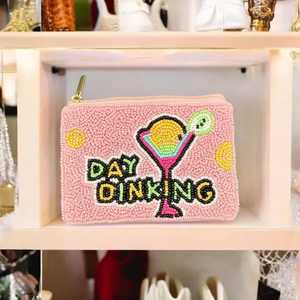 Handmade Pink Beaded Coin Purse Day Drinking Cocktail Motif Zipper Pouch Glass Bead <b>Wallet</b> <b>Women</b> Party Clutch <b>Small</b> Cosmetic Bag - Product Image 1
