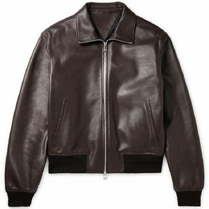 Men's Genuine <b>Leather</b> Bomber <b>Jacket</b> Turn-down Collar Zipper Closure Solid Color Autumn Regular Fit Moto Biker Style - Product Image 1