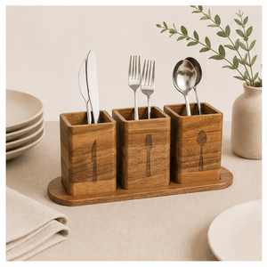 Handcrafted Acacia Wooden Cutlery Holder With Tray 3-Compartment Utensil <b>Caddy</b> & Silverware Organizer For <b>Kitchen</b> Countertop - Product Image 4
