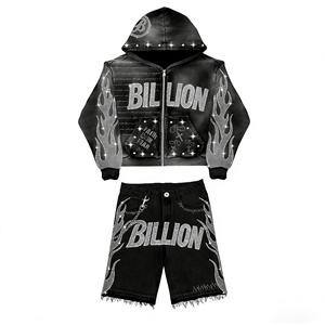 Ensemble sweat à capuche et short personnalisé effet délavé soleil, coupe courte, délavé à l'acide, style streetwear, avec strass et déchirures, fermeture éclair - Product Image 4
