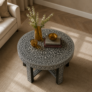 Handmade Solid Wood Round Bone Inlay Industrial Coffee Table & <b>Sideboard</b> Carved Floral Design for Living/Dining Room Furniture - Product Image 4