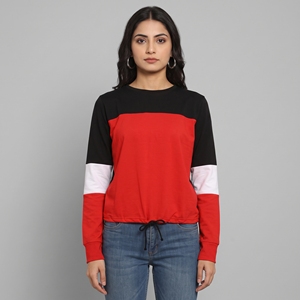 Women's Colorblock Pullover Sweatshirt <b>Long</b> <b>Sleeve</b> Round Neck Casual Loose Fit Drawstring Hem Red Black <b>White</b> <b>Top</b> Streetwear New - Product Image 2