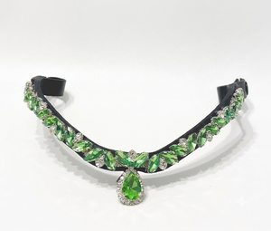 Frontière de tête de cheval en cuir de buffle épais, originale, avec cristaux et pierres, motif feuille verte personnalisé, forme vague, pour taille Full Cob - Product Image 2