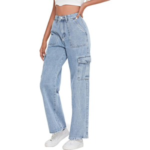 Pantalon cargo en jean bleu clair taille haute pour femme, coupe ample, longueur intégrale avec poches, décontracté, écologique, respirant, idéal pour l'été - Product Image 1