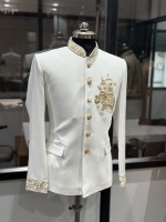 Setelan Sherwani Tradisional India Pakistan Putih Mewah Bermotif Gajah, untuk Pria, Pesta Pernikahan, Bahan Stretchable Anti Kusut