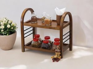 Wooden Spice <b>Storage</b> <b>Rack</b> 2 Tier Standing Organizer Shelf Mango Wood Stainless Steel <b>Kitchen</b> Holder - Product Image 4