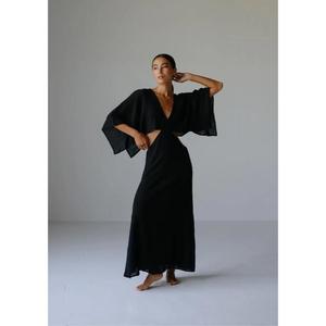 Women's Eco-Friendly Black Maxi Dress with Deep V-Neck Cut-Out Design Flare Sleeves Natural Waist for Evening & Cocktail Parties - Product Image 1