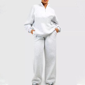 Ensemble de survêtement gris grande taille pour femme, sweat-shirt à fermeture éclair quart de tour et pantalon long, coupe ample, couleur unie, tenue décontractée pour l'automne - Product Image 1