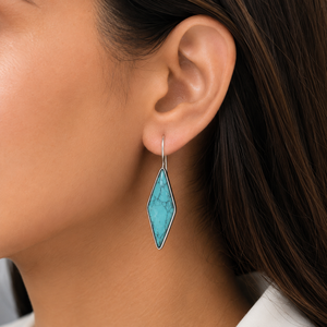 Produit très demandé : Boucles d'oreilles créoles plaquées argent antique, forme cloche, serti géométrique, avec pierre turquoise, fournisseur en gros - Product Image 3