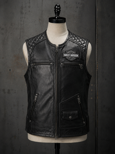 Gilet moto H-D pour homme en cuir véritable, coupe-vent, imperméable, respirant, avec logo brodé au dos, noir uni, col en V - Product Image 1