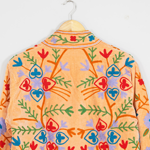 Women Velvet Embroidered <b>Jacket</b> <b>Mandarin</b> <b>Collar</b> Lantern Sleeve Floral Boho Style Autumn Coat Handmade Suzani Pattern - Product Image 4