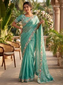 Designer Linen <b>Tissue</b> Saree with Floral Embroidered Border, Premium Party Wear, <b>Wedding</b> & Festive Indian Ethnic Saree for Women - Product Image 3
