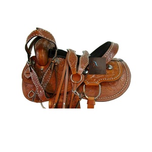 Western Brown <b>Leather</b> Floral Hand <b>Tooled</b> Design Barrel Racing Horse Saddle Studded Black Suede Seat SS Fitting 10"-18" Inch - Product Image 2
