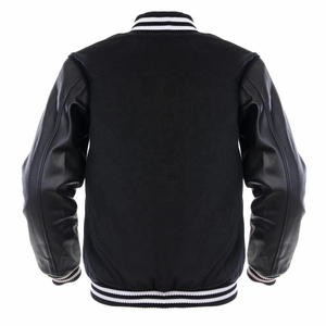 เสื้อแจ็คเก็ตเบสบอลผู้ชายสำหรับฤดูหนาว  แบบ Letterman สีดำล้วน  แขนหนัง  คอริบบ์  รับสกรีนโลโก้  ขายส่ง - Product Image 3