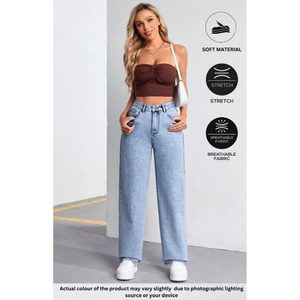 JEANS AZUL HIELO DE PIERNA ANCHA OSCA, de Lujo, Bordados, con Detalles Metálicos, Tela Elástica, Ecológica y Duradera, Cintura Alta, Tallas 26-40 - Product Image 2