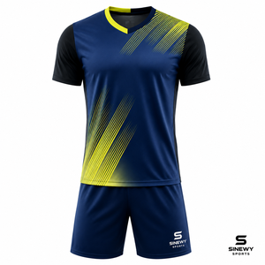 SINEWY SPORTS ชุดเสื้อฟุตบอลชายสีน้ำเงินสีเหลืองพิมพ์ลายเรขาคณิตคอวีแขนสั้นระบายความชื้นพอดีตัวแบบนักกีฬา - Product Image 2