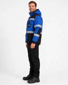 Men's Blue Black Hi Visibility Work <b>Jacket</b> With Reflective Stripes And Hood Polyester Material For Safety <b>Jacket</b> - Product Image 6