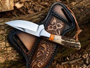 Couteau de cowboy occidental en acier D2 avec étui - Manche en corne de cerf, cadeau de fiançailles, cadeaux pour hommes - Product Image 3