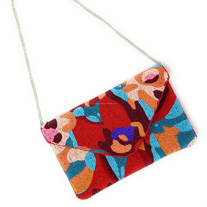 Pochette enveloppe artisanale bohème artistique, brodée de perles de rocaille multicolores, à motifs floraux abstraits, sac à main décontracté perlé, Saint-Valentin - Product Image 2