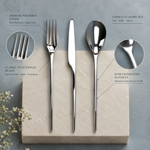 Ensemble de couverts en acier inoxydable poli miroir de qualité supérieure, collection de salle à manger en trois pièces | Ensemble élégant de fourchettes, couteaux et cuillères en argent pour la table - Product Image 3