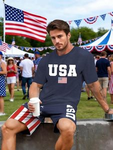 4th of July <b>Sets</b> for Men 250th Anniversary USA Shirt American Flag T Shirt Summer Patriotic 2 Piece Short Outfits - Product Image 3