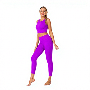Women 2 Piece Yoga Set High Waisted Full Length Leggings Solid Color Racerback Sleeveless <b>Lace</b> <b>Elastic</b> Waist Front Workout Wear - Product Image 6
