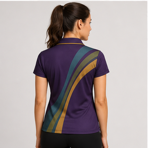 Custom Plum Teal <b>Gold</b> <b>Ribbon</b> Stripe Womens Polo Shirt Quick Dry Breathable Short Sleeve Performance Golf Team Uniform WPS-0883 - Product Image 4