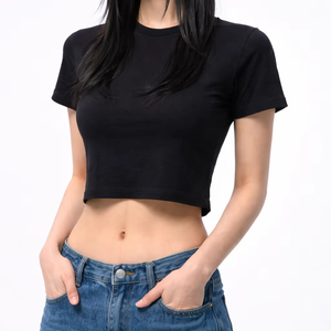 Top Corto de Mujer, Estilo Dulce, Tejido Sólido de 220 g/m², Transpirable, Ecológico, Corte Ajustado, Cuello Redondo, Manga Corta, Algodón y Elastano, para Verano - Product Image 1