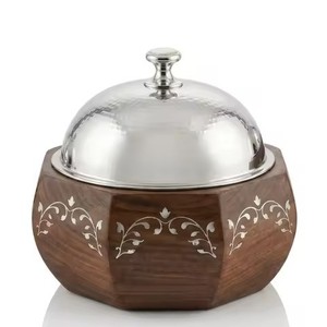 Cacerola de madera con incrustaciones florales de diseño moderno, tapa plateada, calentador de comida árabe, olla caliente para servir en la cena familiar en casa o en bodas. - Product Image 4