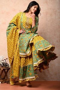 Robe Anarkali Kurta / Kurti Garara pour femme, en coton pakistanais, anti-humidité, protection solaire, longueur genou, pour mariage et fête - Product Image 3