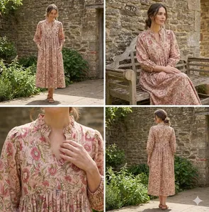 Vintage Floral Block Print Cotton Midi <b>Dress</b> with Puff Sleeves V-Neck <b>Loose</b> Fit Casual Summer <b>Dress</b> For Women - Product Image 4