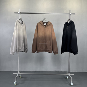 Custom Vintage Acid Washed Double <b>Zipper</b> Hoodie Pullover Men Blank Heavyweight Plain Cotton Thick French Terry Sun Faded Hoodie - Product Image 2