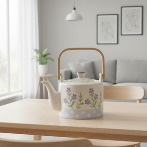Théière en grès céramique de style nordique de qualité supérieure 3460937-0.65 avec couvercle à poignée en bois et motif floral estampé, capacité 650 ml - Product Image 5