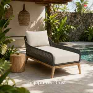 Chaise longue de luxe en teck et corde pour extérieur avec coussin imperméable, idéale pour villas tropicales, piscines et patios. - Product Image 1