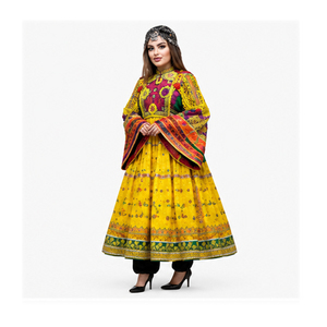 Vestido Tradicional Indio-Pakistaní Salwar Kameez para Mujer, Amarillo, de Algodón, Bordado, Largo hasta el Suelo, Corte Holgado, para Boda, Estilo Afgano Kuchi - Product Image 1