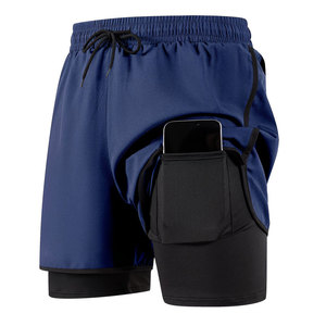 Pantalones cortos deportivos de doble capa 2 en 1 para hombre, con bolsillo interior para teléfono y diseño con presilla para toalla - Product Image 1